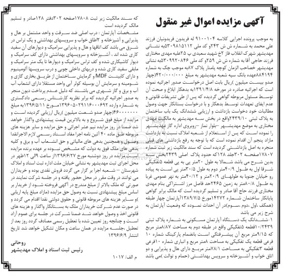 مزایده,مزایده ششدانگ یکباب ساختمان بخش سه مهدیشهر
