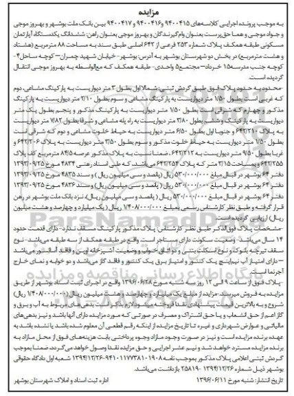 مزایده,مزایده ششدانگ آپارتمان مسکونی مساحت 88متر