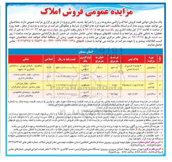 مزایده,مزایده املاک و اراضی شامل ساختمان و منزل ویلایی