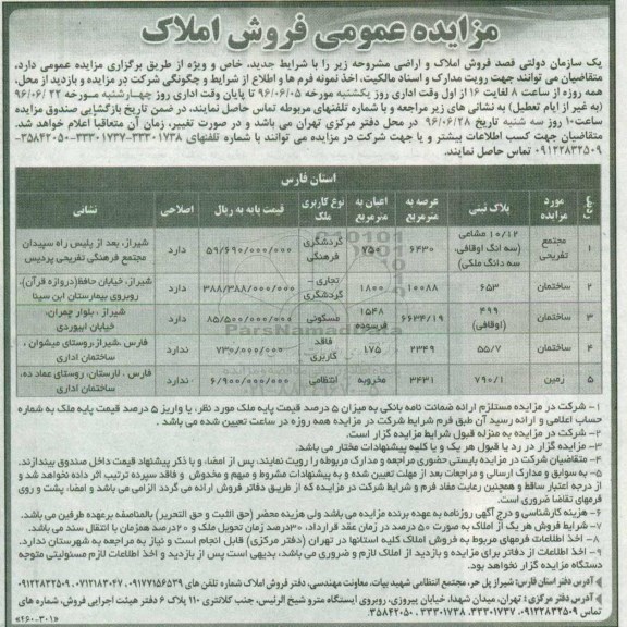 مزایده,مزایده املاک و اراضی کاربری گردشگری فرهنگی تجاری مسکونی انتظامی