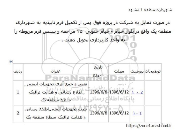  تعمیر و جمع آوری تجهیزات ایمنی , اطلاع رسانی و هدایت ترافیک سطح منطقه یک	