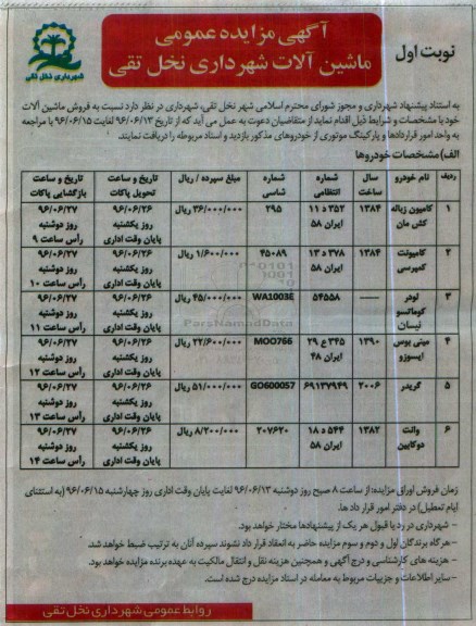 مزایده , مزایده فروش ماشین آلات نوبت اول 