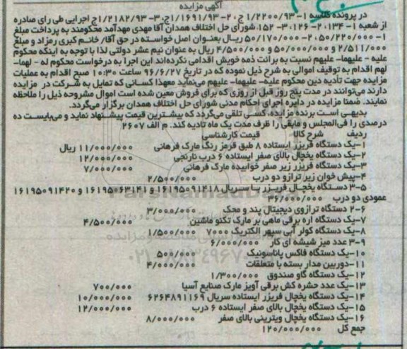 مزایده, مزایده انواع یخچال- پیشخوان زیر ترازو و دو درب...