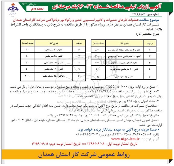 آگهی ارزیابی کیفی مناقصه, مناقصه عملیات کارهای تعمیرات و کالیبراسیون کنتور و رگولاتور دیافراگمی- نوبت دوم 