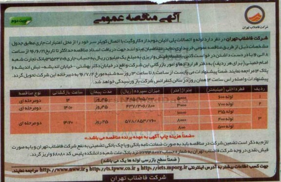 آگهی مناقصه عمومی , مناقصه  لوله و اتصالات دو جداره کاروگیت... نوبت دوم 