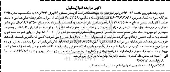 آگهی مزایده اموال منقول , مزایده فروش یکدستگاه وانت آریسان مدل 1394 دوگانه سوز