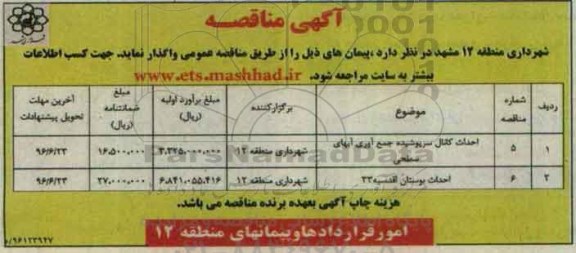 آگهی مناقصه, مناقصه احداث کانال سرپوشیده جمع آوری آبهای سطحی 