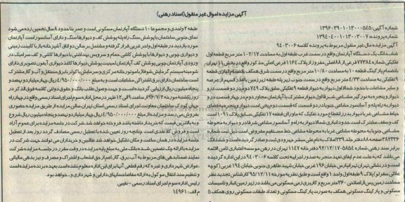 مزایده ششدانگ آپارتمان قطعه اول تفکیکی