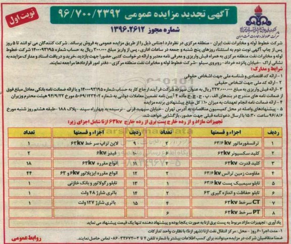 آگهی تجدید مزایده عمومی , مزایده ترانسفورماتور و ... تجدید
