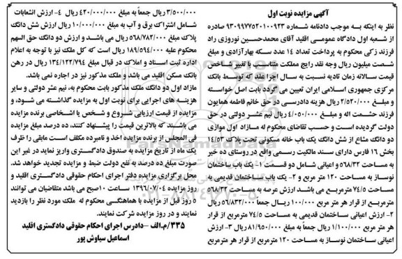 مزایده مازاد اول موازی دو دانگ مشاع از خانه مسکونی
