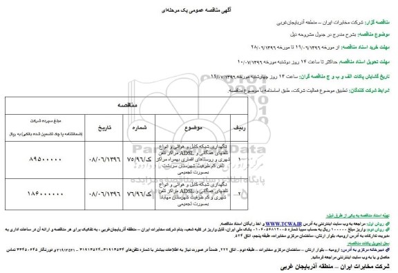 مناقصه , مناقصه عمومی نگهداری شبکه کابل و ... 