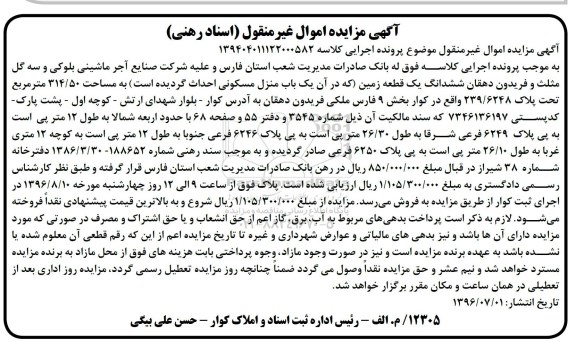 مزایده ششدانگ زمین مساحت 314.50متر