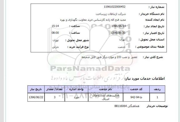 استعلام , استعلام تعمیر و نصب I/O  و موارد دیگر 