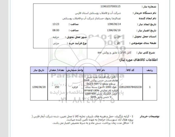 استعلام, استعلام کابل 70*3 با عایق و روکش swr 