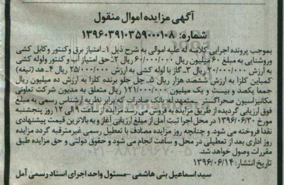 مزایده , مزایده امتیاز برق و کنتور و کابل کشی و روشنایی...