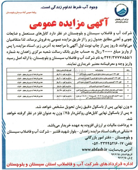 آگهی مزایده عمومی, مزایده فروش  کابل های مستعمل و ضایعات چوبی و آهنی 