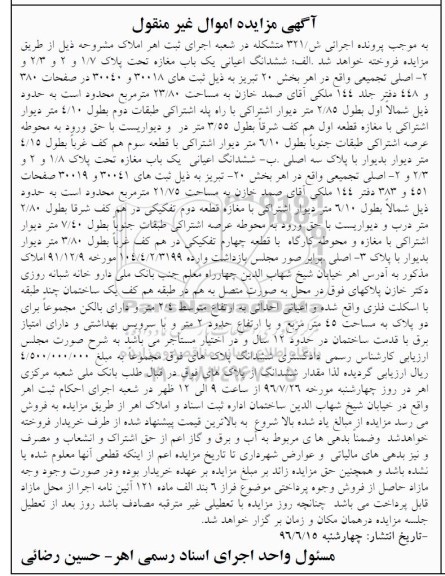 مزایده ششدانگ اعیانی دو باب مغازه