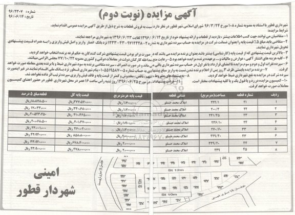 مزایده فروش قطعات املاک نوبت دوم