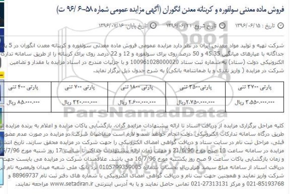 اگهی مزایده , مزایده عمومی فروش ماده معدنی سولفوره و کربناته معدن انگوران 