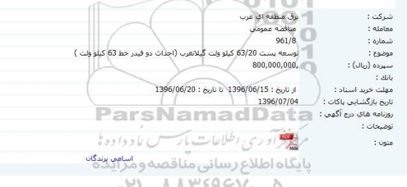 آگهی مناقصه ,مناقصه توسعه پست 63. 20 کیلوولت 