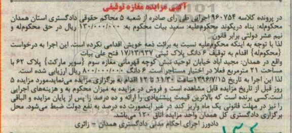 مزایده,مزایده ششدانگ پلاک ثبتی مساحت بیست و یک متر