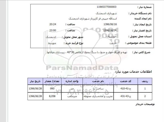 استعلام تهیه و اجرای جوی و جدول با سنگ جدول