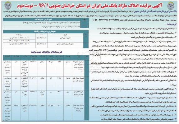 مزایده فروش املاک مازاد بصورت نقد و اقساط نوبت دوم 