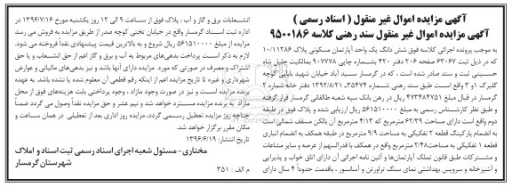 مزایده ششدانگ آپارتمان مسکونی 62.39متر