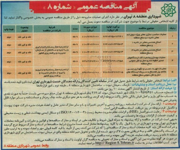 آگهی مناقصه عمومی, مناقصه عملیات مناسب سازی معابر ویژه دوچرخه و ...