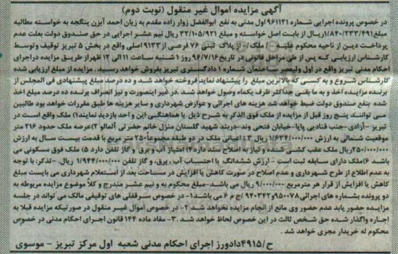 مزایده,مزایده ملک مساحت عرصه 216متر