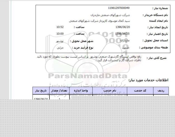 استعلام، استعلام رفع نواقص ایستگاه گاز شهرک صنعتی نوشهر