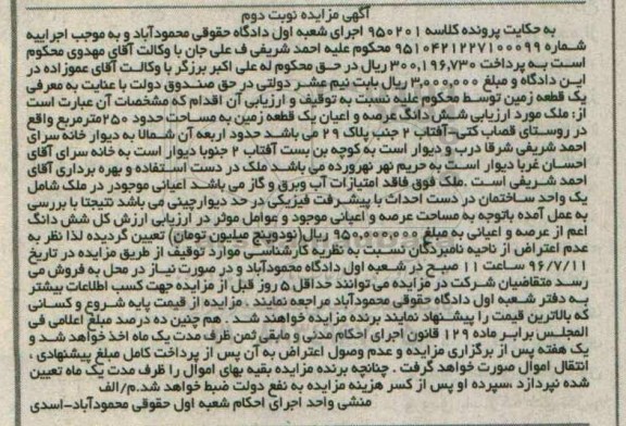 مزایده,مزایده ششدانگ زمین مساحت 250متر