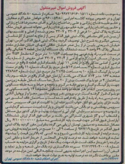 مزایده,مزایده ملک مشاع ششدانگ آپارتمان قطعه نه تفکیکی
