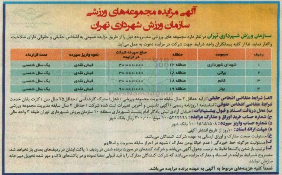 مزایده، آگهی مزایده واگذاری مجموعه ورزشی