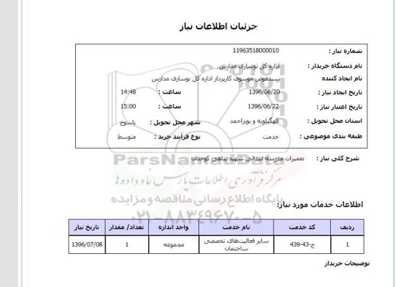 استعلام, استعلام تعمیرات مدرسه ابتدایی شهید پناهی کوخدان 