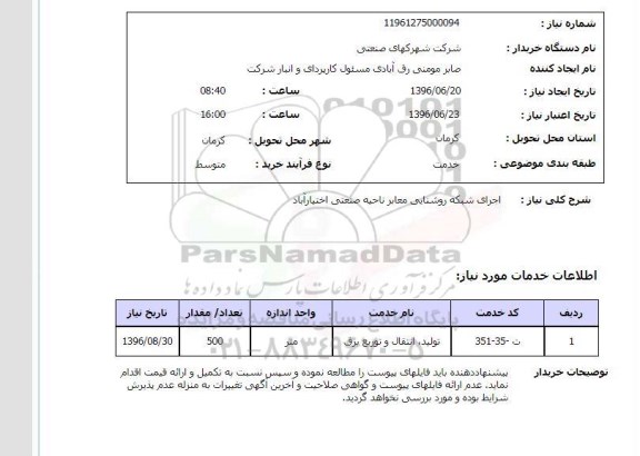 استعلام , استعلام اجرای شبکه روشنایی معابر ناحیه صنعتی اختیار آباد 