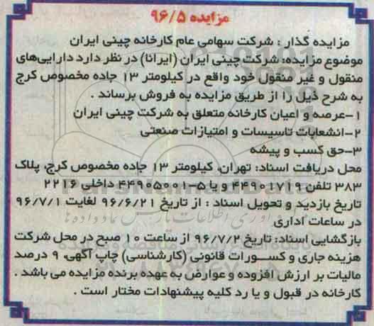 مزایده,مزایده فروش عرصه و اعیان کارخانه و حق کسب و پیشه