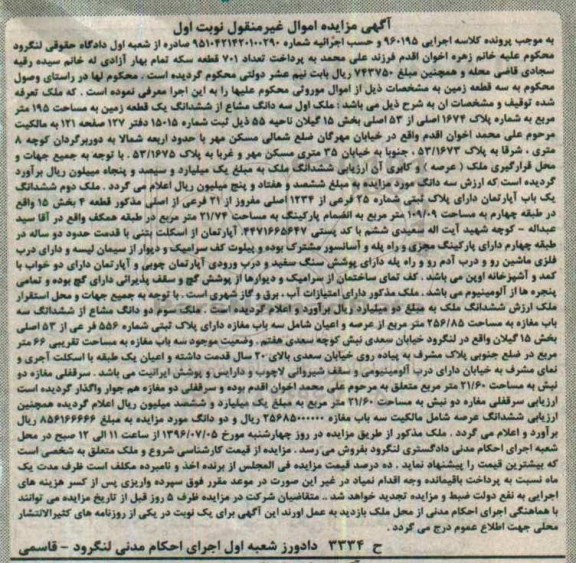 مزایده سه دانگ مشاع از زمین و آپارتمان طبقه چهارم