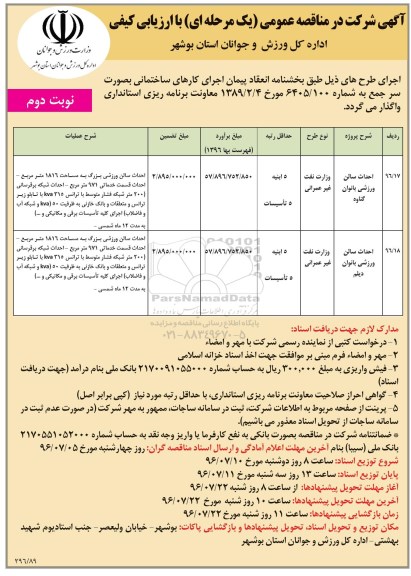 مناقصه  ,مناقصه احداث سالن ورزشی بانوان گناوه .... نوبت دوم 
