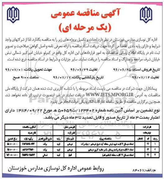 آگهی مناقصه عمومی, مناقصه احداث دبستان 6 کلاسه شهید فرخی....