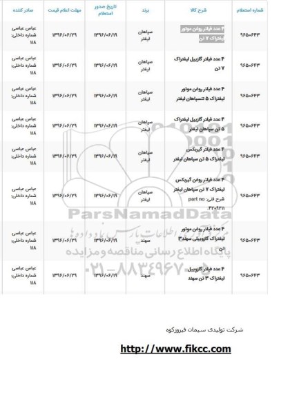 استعلام ، استعلام  4 عدد فیلتر روغن موتور لیفتراک 7 تن 