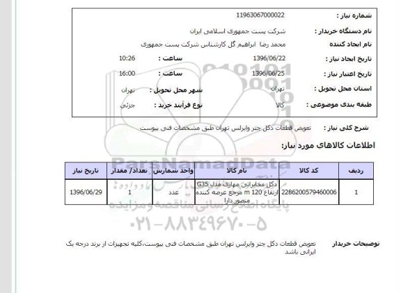 استعلام,استعلام تعویض قطعات دکل چتر وایرلس