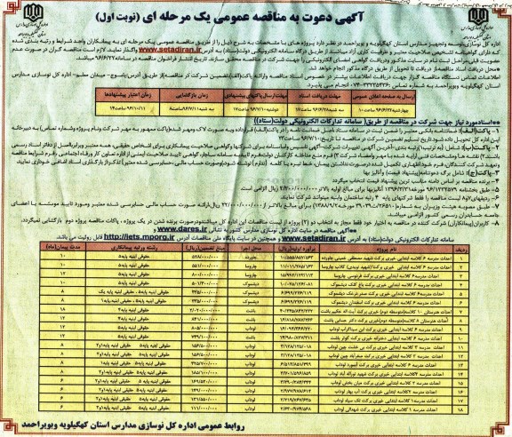 آگهی مناقصه عمومی یک مرحله ای، مناقصه احداث مدرسه 6 کلاسه ابتدایی ....
