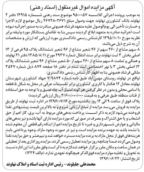 مزایده,مزایده 8 سهم مشاع از 260 سهم از 46 شعیر مشاع از 96 شعیر پلاک 95 فرعی