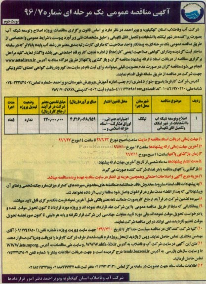 آگهی مناقصه عمومی یک مرحله ای , مناقصه اصلاح و توسعه شبکه آب با انشعابات در شهر لیکک و تکمیل اتاق نگهبانی نوبت دوم 