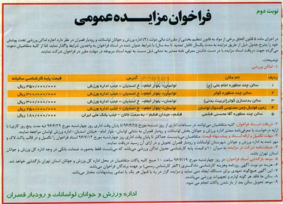 فراخوان مزایده عمومی، مزایده اجاره اماکن ورزشی تحت پوشش نوبت دوم