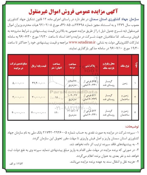 مزایده,مزایده فروش اموال غیرمنقول عرصه 898.22-1090.27-12051.07متر