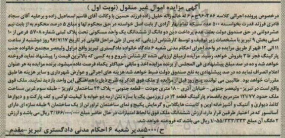 مزایده,مزایده دو دانگ از ششدانگ واحد مسکونی بخش نه تبریز
