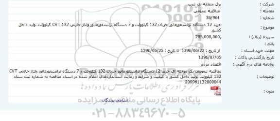 آگهی مناقصه ,مناقصه خرید 12 دستگاه ترانسفورماتور جریان 132 کیلوولت