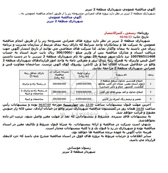 مناقصه (بلوار استاد معین، میدان ائل گلی، تقاطع گلگشت، گلشهر، خیام و دکتر حسابی)  ...